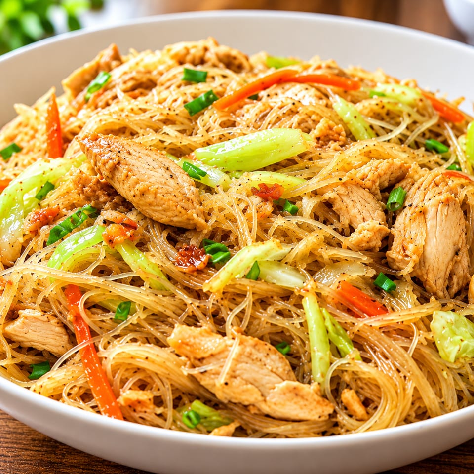 Close-up of stir-fried glass noodles with sliced chicken, carrots, bok choy, and green onions in a white bowl.