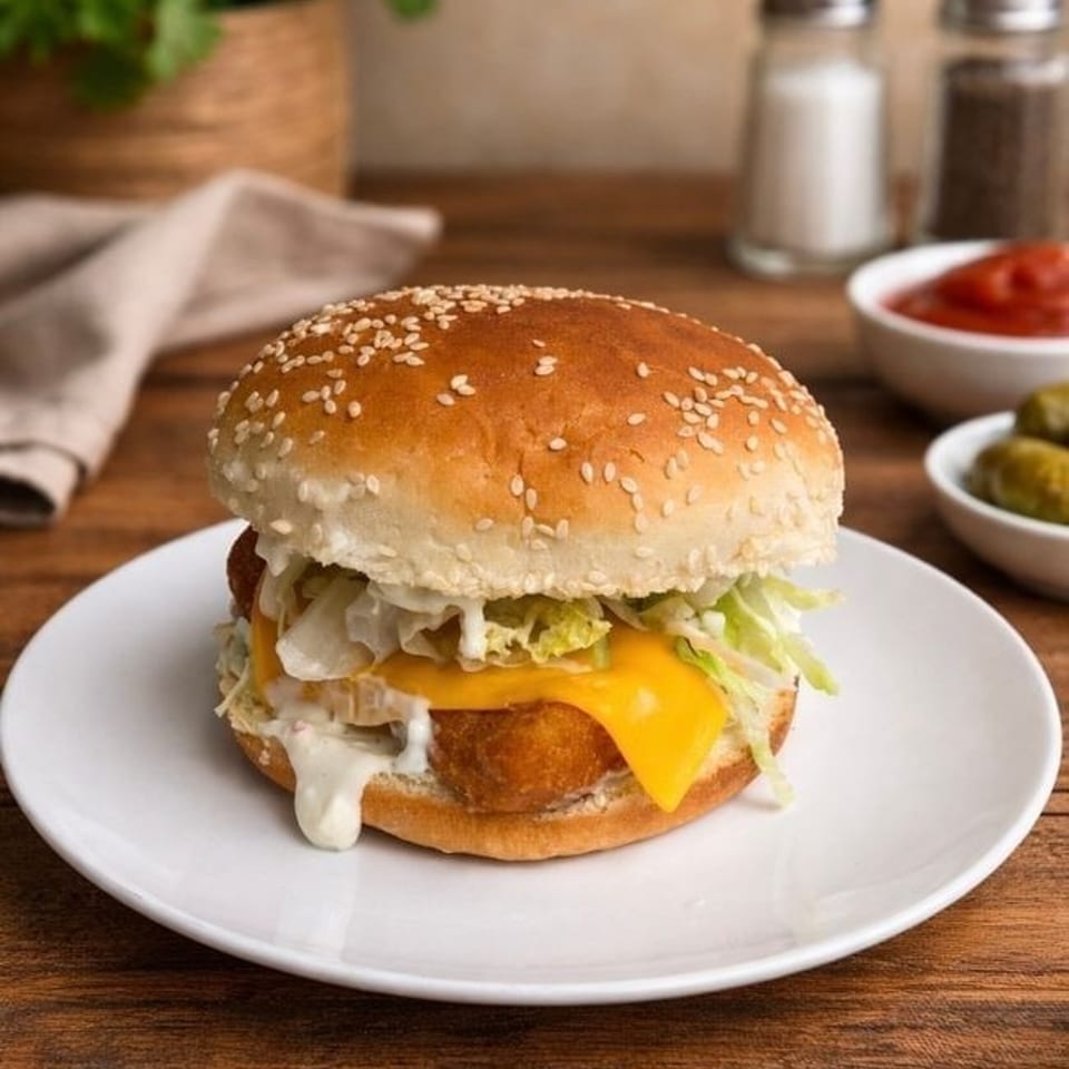 Cheeseburger with a sesame seed bun, lettuce, onions, creamy sauce, and melted cheddar on a white plate.