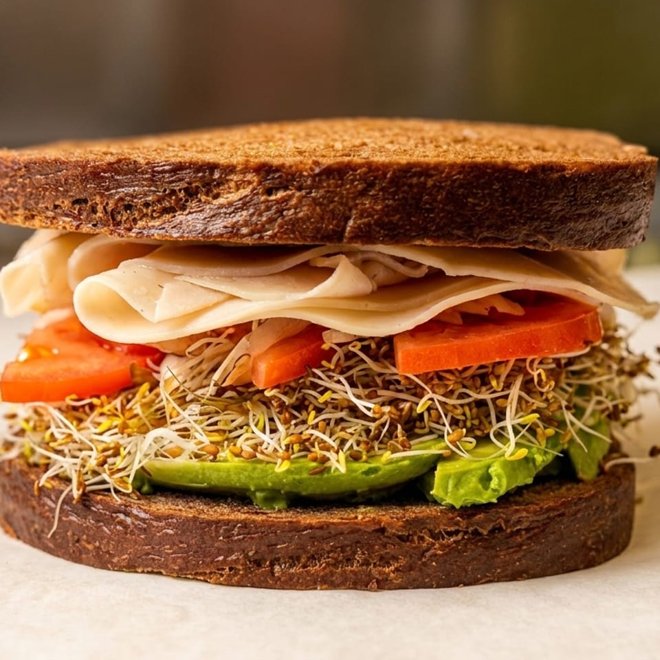 Hearty sandwich on dark bread with turkey, avocado, tomatoes, and sprouts on a light surface.