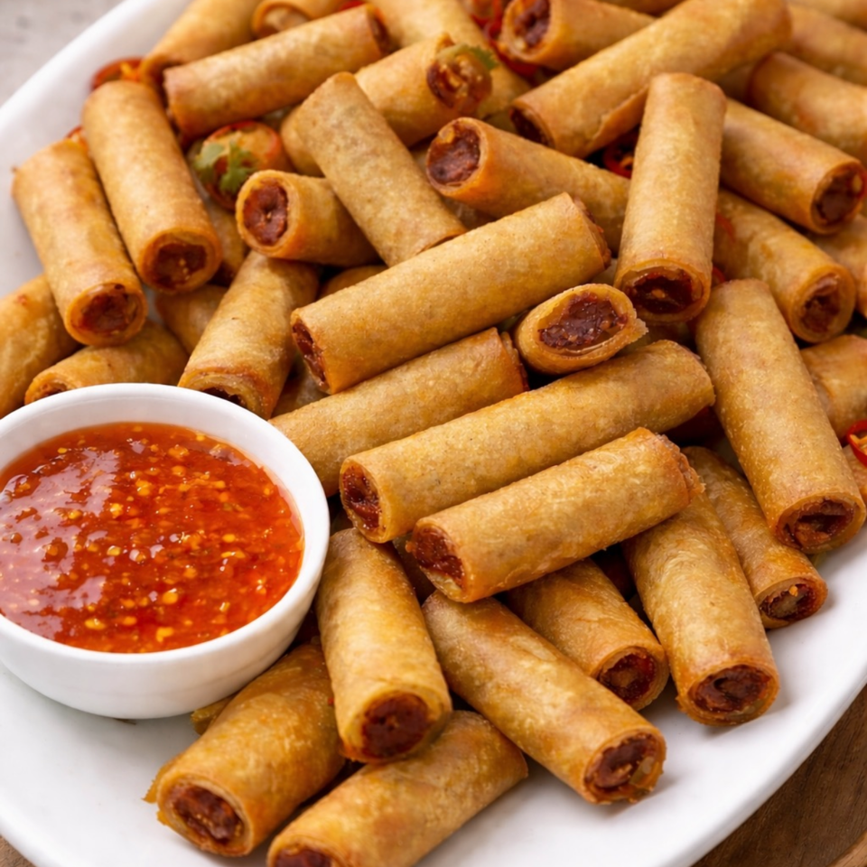 Crispy fried spring rolls piled on a white platter with sweet chili dipping sauce and chopsticks.