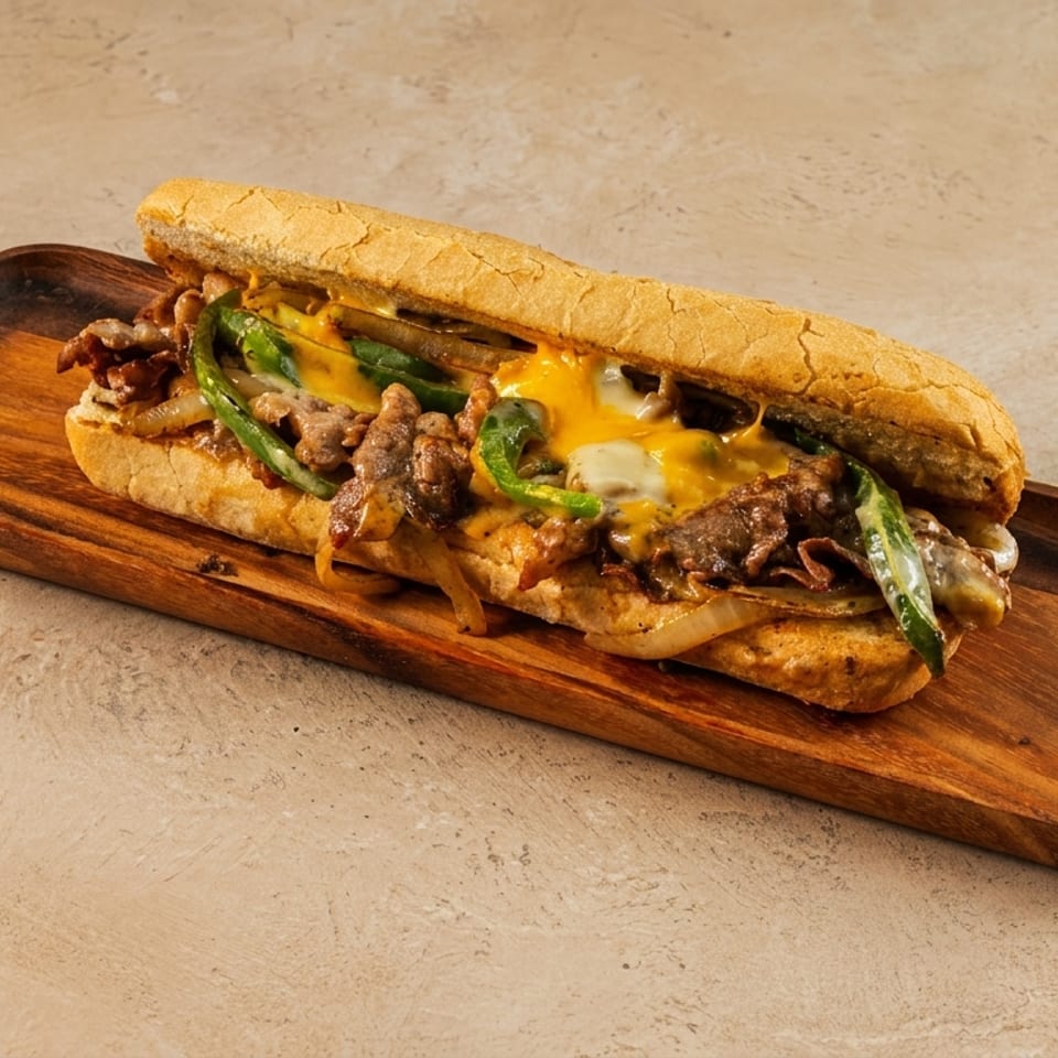 Cheesesteak sandwich with steak, melted cheese, onions, and green peppers on a wooden tray.