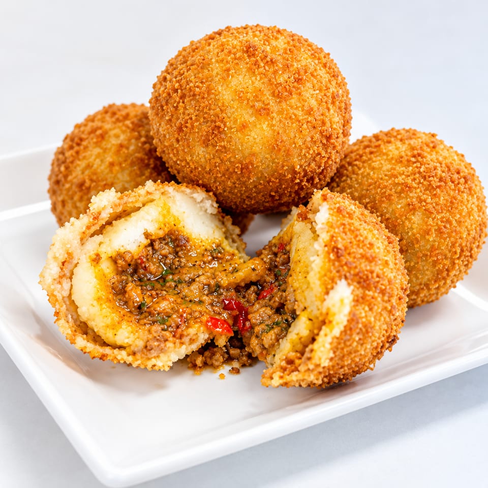 Golden-brown breaded croquettes on a white plate, including a cut-open croquette revealing spiced minced meat and red peppers.