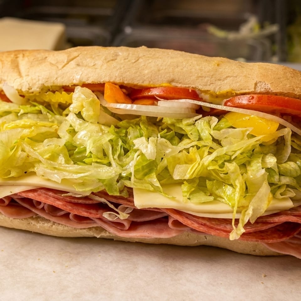 A large deli sub sandwich with layers of meat, cheese, lettuce, tomatoes, onions, and peppers.