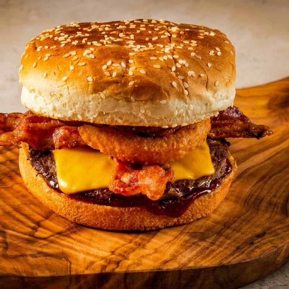A bacon cheeseburger with onion rings and BBQ sauce on a wooden cutting board.
