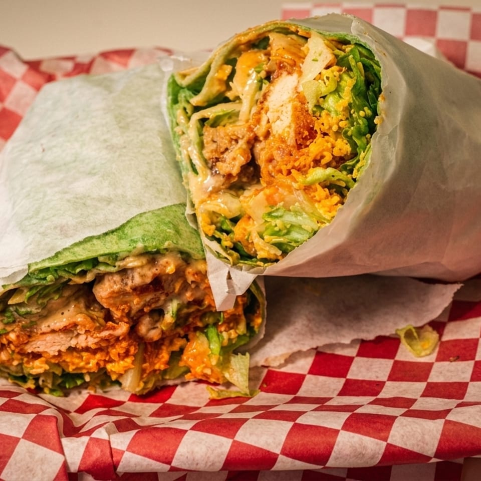 Two halves of a chicken and lettuce wrap, with orange sauce, in a red and white checkered basket.