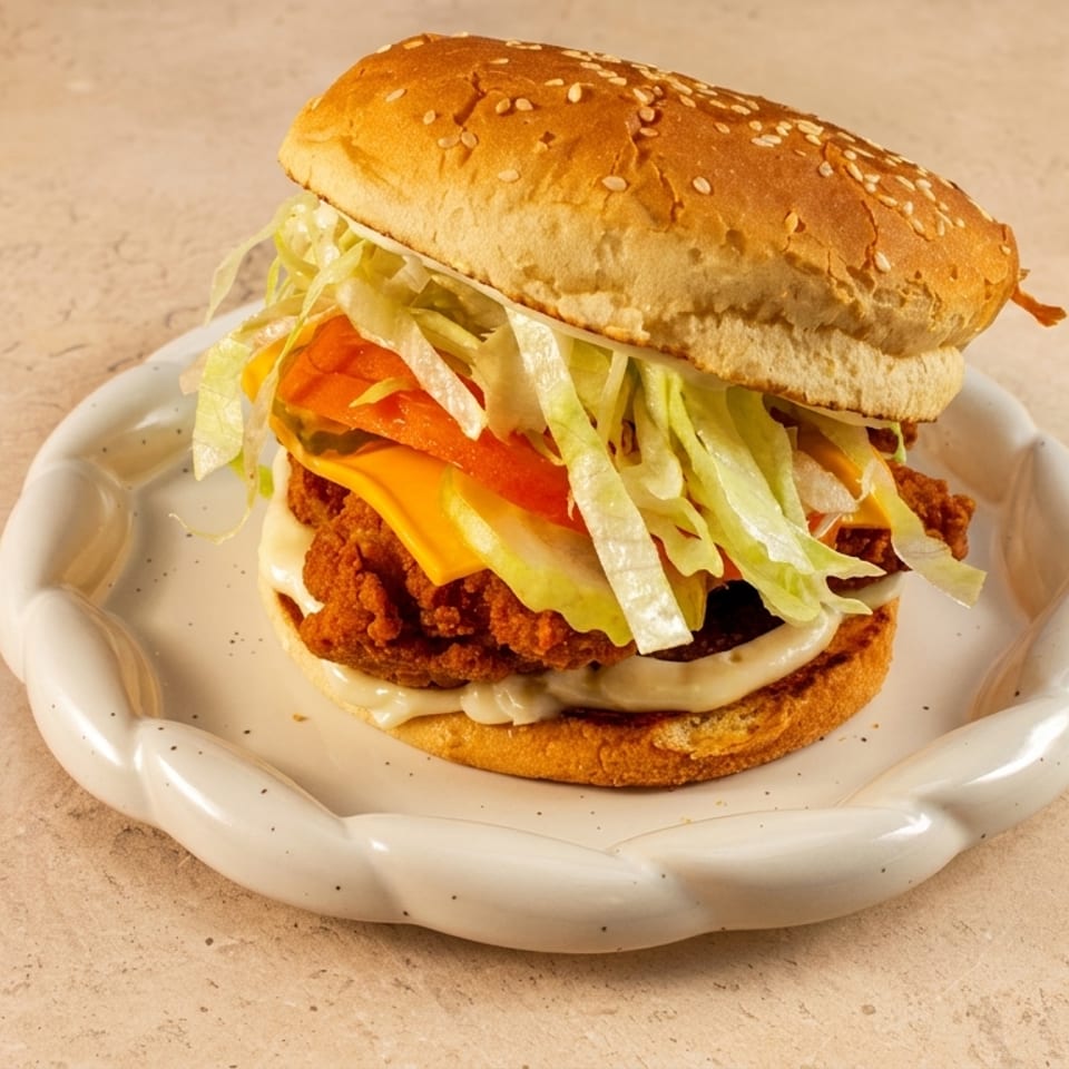 A crispy fried chicken sandwich with cheese, lettuce, and tomato on a sesame seed bun.
