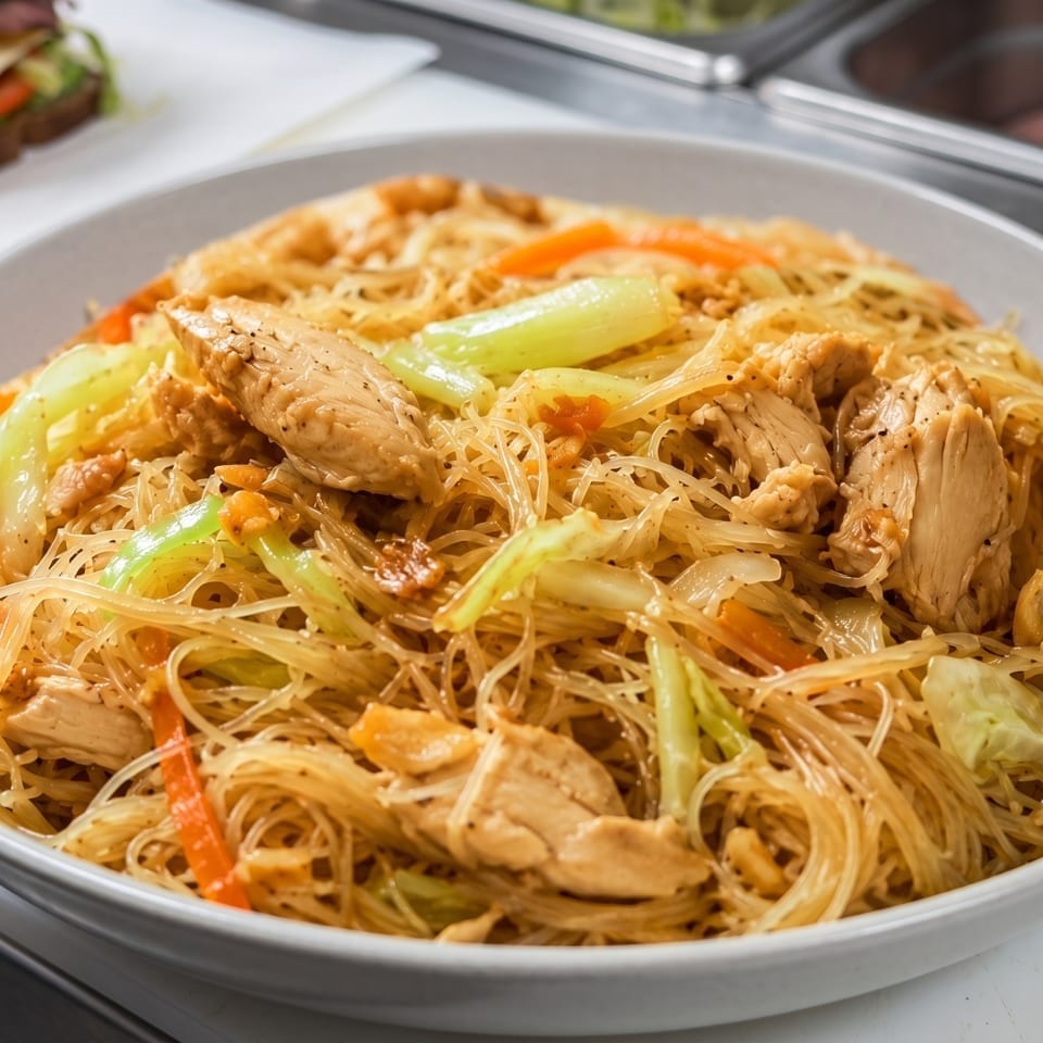 Plate of stir-fried rice noodles with chicken, cabbage, carrots, and celery in a restaurant serving tray.