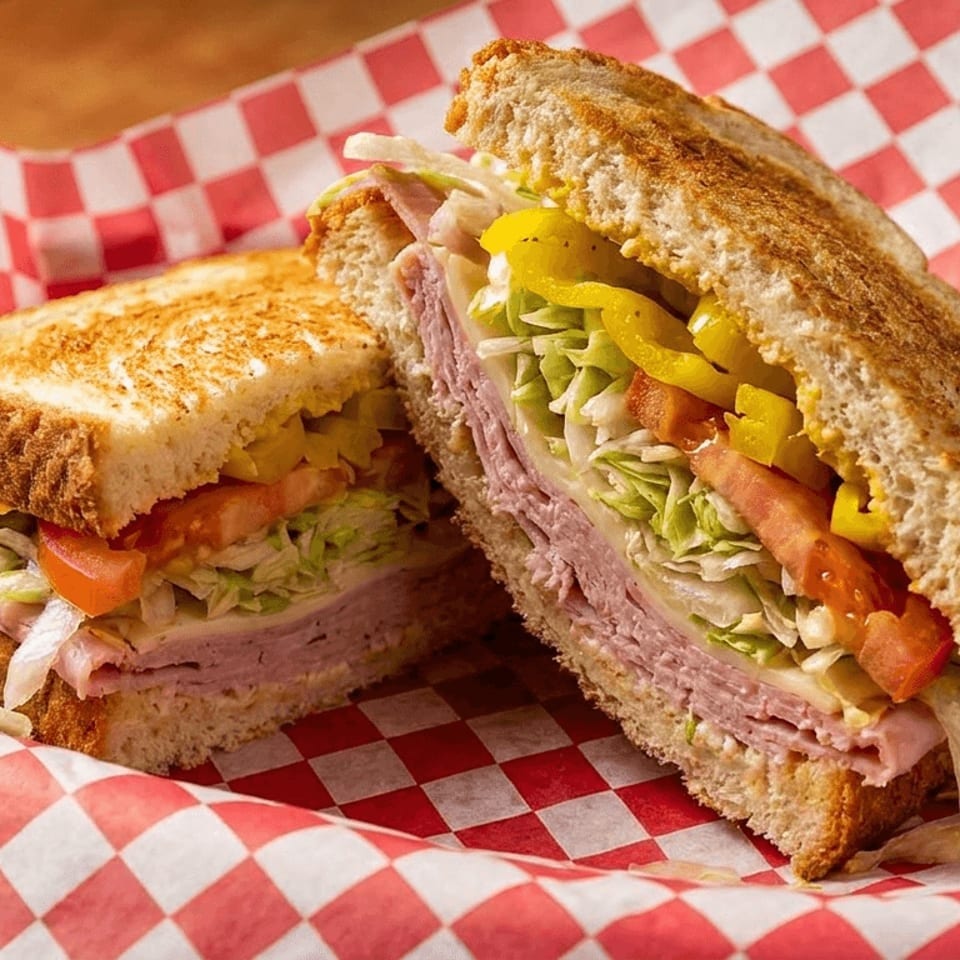 Grilled deli sandwich halves layered with ham, turkey, lettuce, tomato, peppers, and cheese on red-and-white checkered paper.