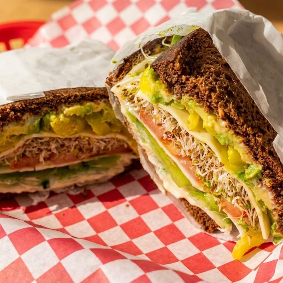 Two halves of a hearty sandwich with avocado, sprouts, and cheese on dark bread, in a red checkered basket.