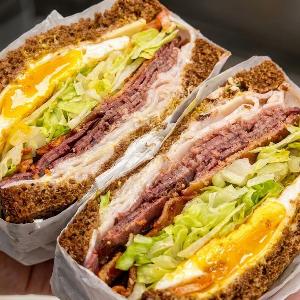 Two halves of a large sandwich with fried egg, lettuce, bacon, and deli meats.